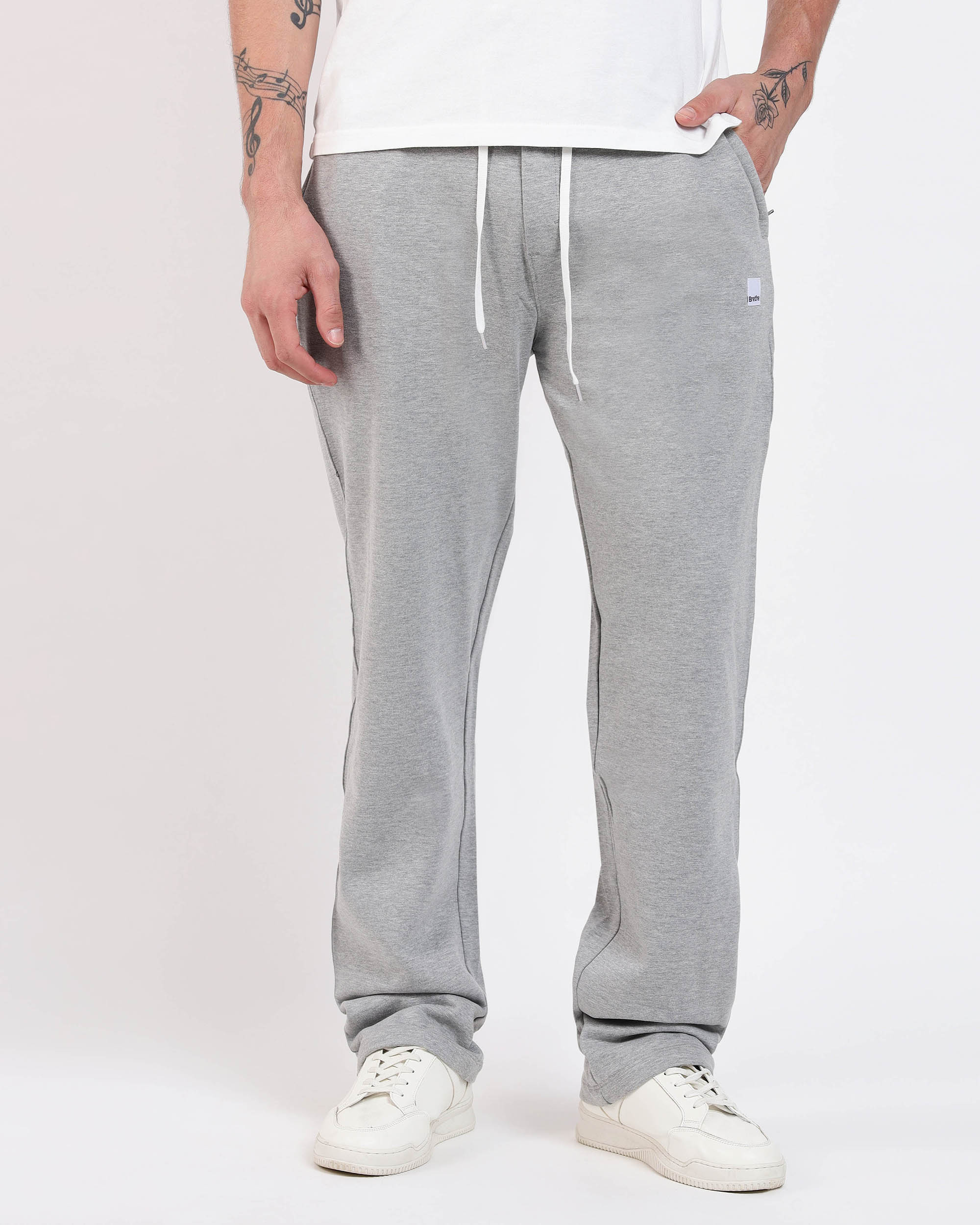 Brethe Soft-Structured Pant in Heather Grey front view showing waistband and straight fit.